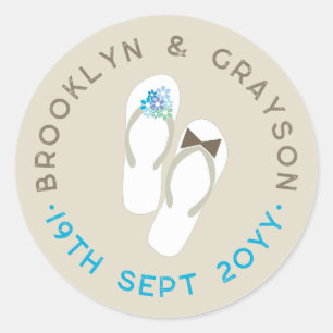 Mr & Mrs Blue Flowers Flip Flops Beach Wedding Classic Round Sticker