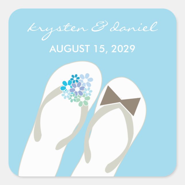 Mr & Mrs Blue Flowers Flip Flops Beach Wedding Square Sticker (Front)