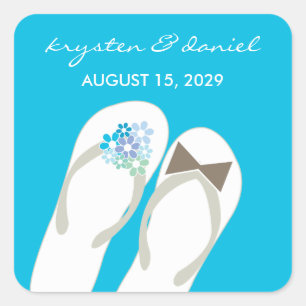 Mr & Mrs Blue Flowers Flip Flops Beach Wedding Square Sticker