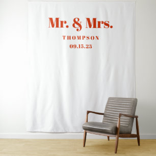 Mr. & Mrs. Bold Orange Typography Wedding Backdrop Tapestry
