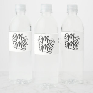 Mr & Mrs Bride Groom Just Married Wedding Black Water Bottle Label