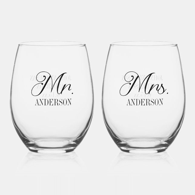 Mr. Mrs. Bride Groom Wedding Reception Customised Stemless Wine Glass (Front)