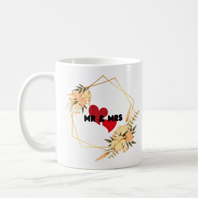 Mr & Mrs,Brown Minimalist Wedding ,2 red hearts Coffee Mug (Left)