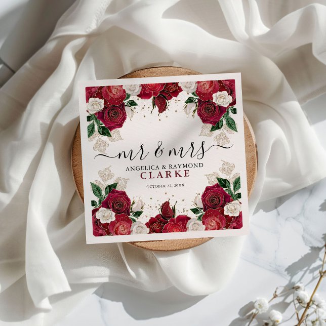 Mr & Mrs Burgundy & White Floral Elegant Wedding  Napkin (Creator Uploaded)