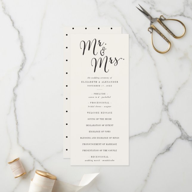 Mr & Mrs Calligraphy Script Classic Chic Wedding Programme (Front/Back In Situ)