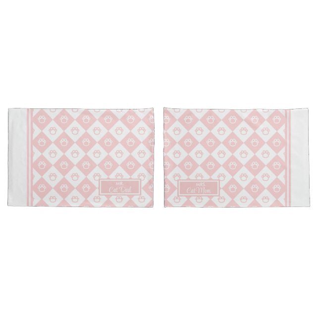 Mr. & Mrs. Cat Mum and Dad Pink Cat Paw Pattern Pillowcase (Back-Set)