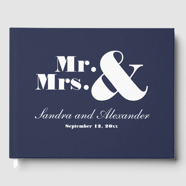  Mr. Mrs. Chic Navy Blue Elegant Modern Wedding  Guest Book (Front)