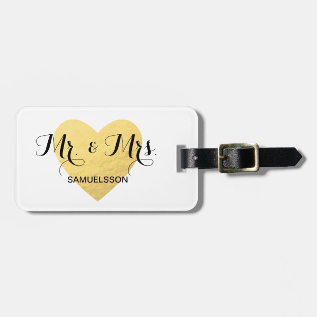 Mr. & Mrs. chic travel Luggage Tag | gold heart (Front Horizontal)