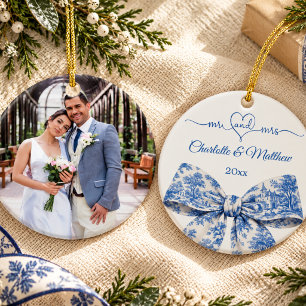 Mr Mrs Christmas blue white toile bow photo Ceramic Tree Decoration
