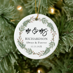 Mr & Mrs Christmas Wreath Wedding Ceramic Tree Decoration