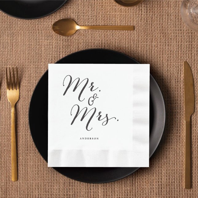 Mr & Mrs Classic Script Calligraphy Name Wedding Napkin (Mr & Mrs Classic Script Calligraphy Name Wedding Paper Napkins @ fatfatin_blue_knot)