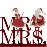 Mr & Mrs Claus Cake Topper Standing Photo Sculpture<br><div class="desc">Adorn your Christmas wedding cake with this whimsical Mr. & Mrs. Santa Claus cake topper from Kustom By Kris. The happy holiday couple are dressed in their best holiday attire with a red-on-re theme.</div>