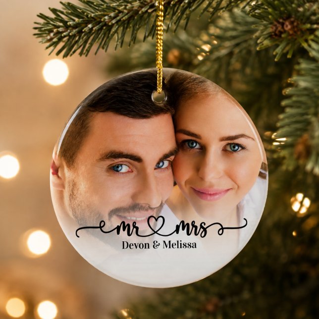 Mr & Mrs Couple Photo Overlay Script Heart  Ceramic Tree Decoration (Creator Uploaded)
