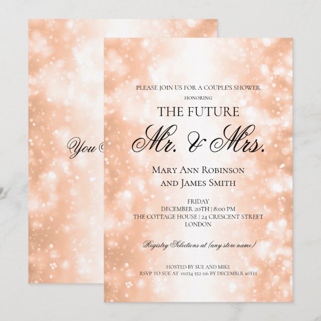 Mr Mrs Couples Shower Rose Gold Shimmer Lights Invitation (Front/Back)
