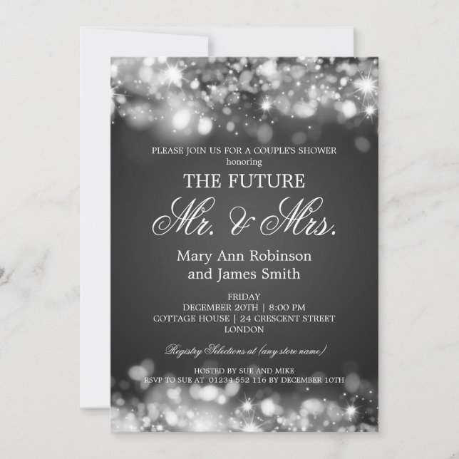Mr Mrs Couples Shower Silver Sparkle Lights Invitation (Front)