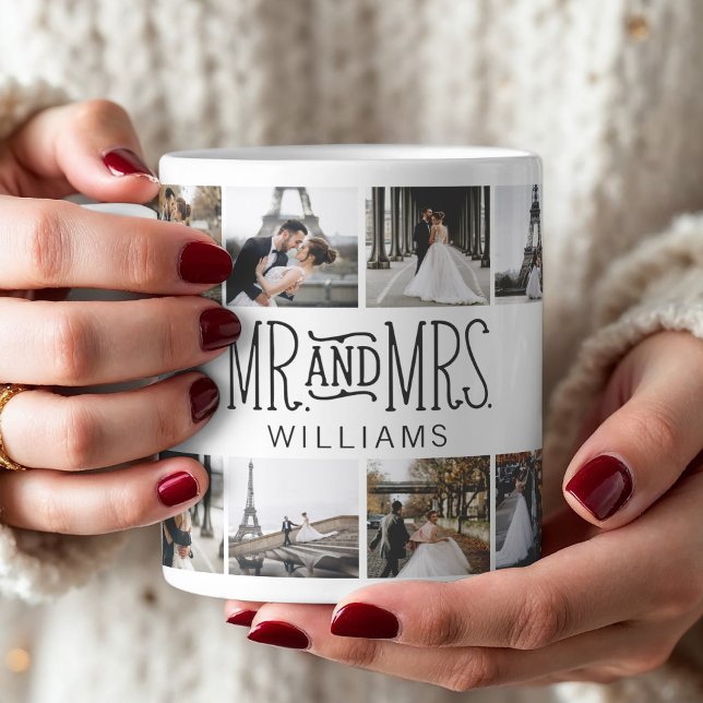 Mr. & Mrs. Custom Photo Hand Lettered Coffee Mug (This is the perfect design for the newlyweds, add memorable photos, and easily change the name. )