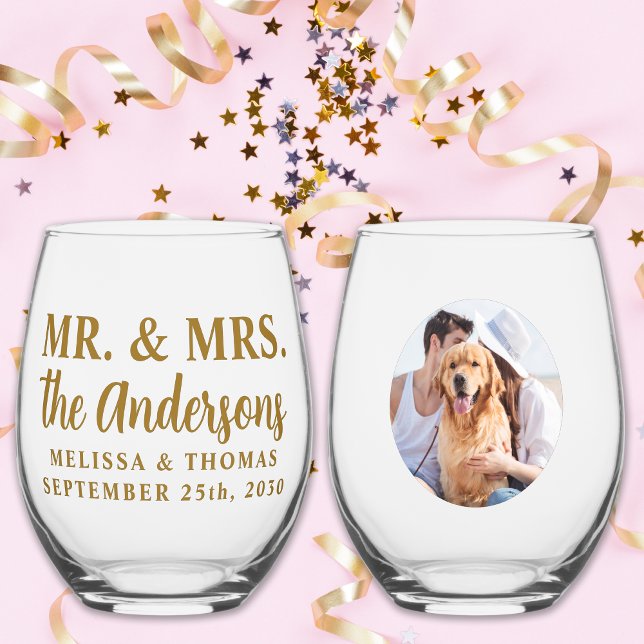 Mr & Mrs Custom Photo Modern Gold Elegant Wedding  Stemless Wine Glass (Creator Uploaded)