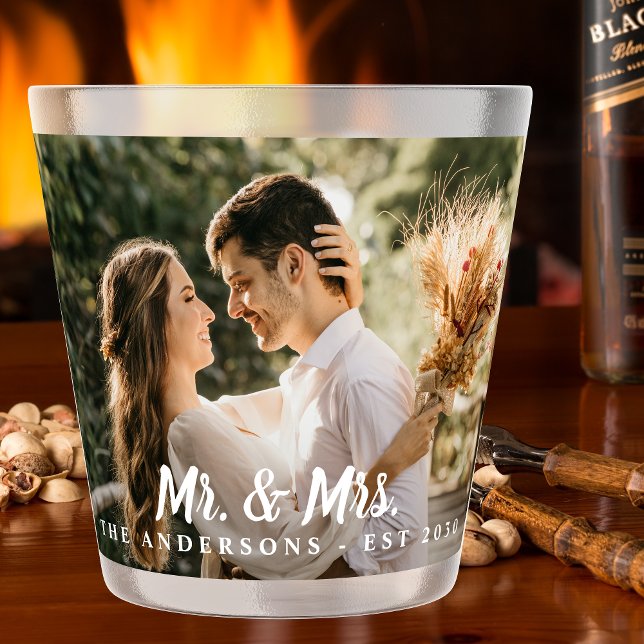 Mr & Mrs Custom Photo Modern Newlywed Wedding Shot Glass (Creator Uploaded)