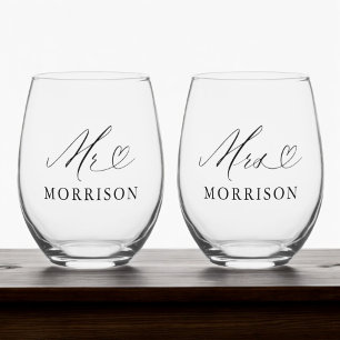 Mr & Mrs Custom Wedding Modern Stemless Wine Glass