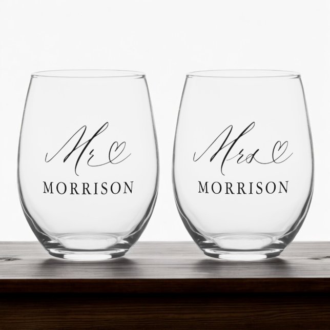Mr & Mrs Custom Wedding Modern Stemless Wine Glass (Creator Uploaded)