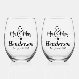 Mr & Mrs Customisable Wedding Stemless Wine Glass
