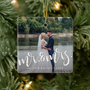 Mr. & Mrs. Distressed Overlay Photo Wedding Ceramic Ornament