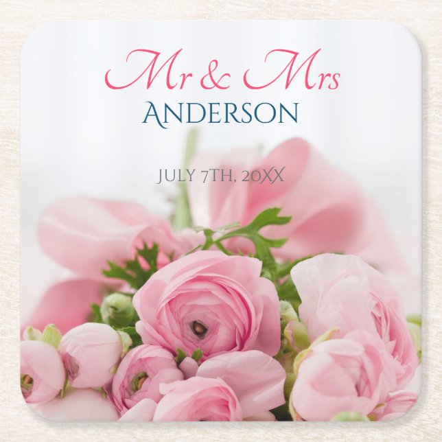 Mr & Mrs, DIY Last Name, Date & Photo Square Paper Coaster (Front)