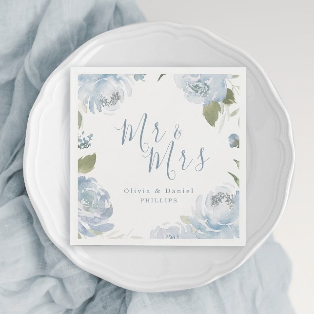 Mr & Mrs dusty blue watercolor floral wedding Napkin (Mr & Mrs dusty blue watercolor floral wedding Napkins)