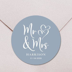 Mr Mrs Dusty Dusty Blue Wedding Classic Round Sticker