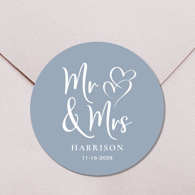 Mr Mrs Dusty Dusty Blue Wedding Classic Round Sticker (Creator Uploaded)