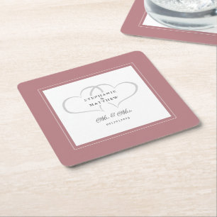 Mr & Mrs Dusty Rose Elegant Hearts Wedding Chic Square Paper Coaster