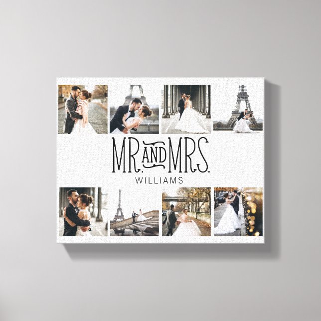 Mr. & Mrs. Eight Photo Hand Lettered Monogram Canvas Print (Front)