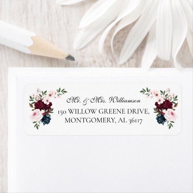 Mr & Mrs Elegant Burgundy Navy Watercolor Florals (Insitu)