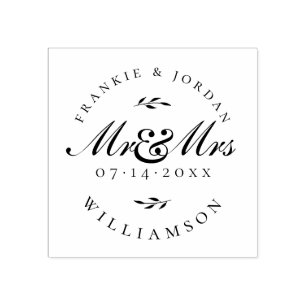 Mr & Mrs   Elegant Calligraphy Script Wedding Date Rubber Stamp