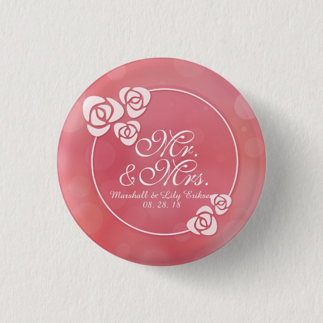 Mr. & Mrs. Elegant Floral Frame Wedding Pin Button (Front)