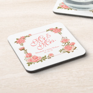 Mr. & Mrs. Elegant Floral Wedding Coaster
