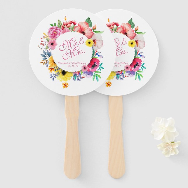Mr. & Mrs. Elegant Floral Wedding | Hand Fan (Front and Back)