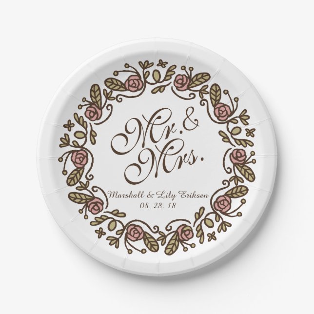 Mr. & Mrs. Elegant Floral Wedding | Paper Plate (Front)