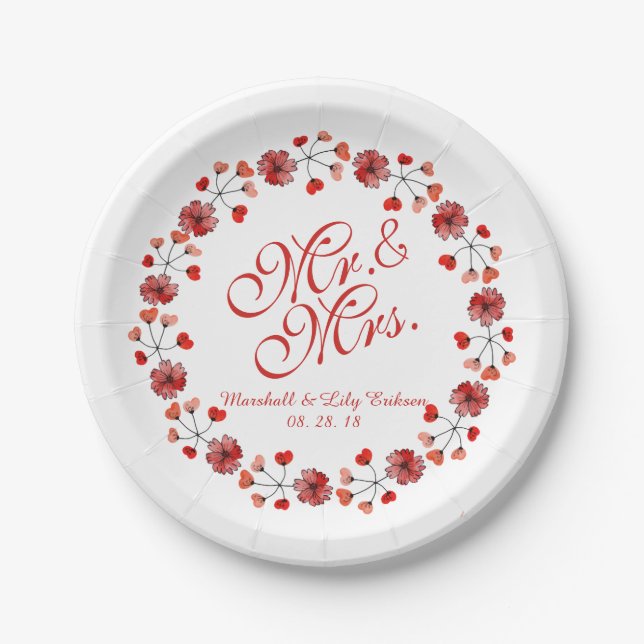 Mr. & Mrs. Elegant Floral Wedding Paper Plate (Front)