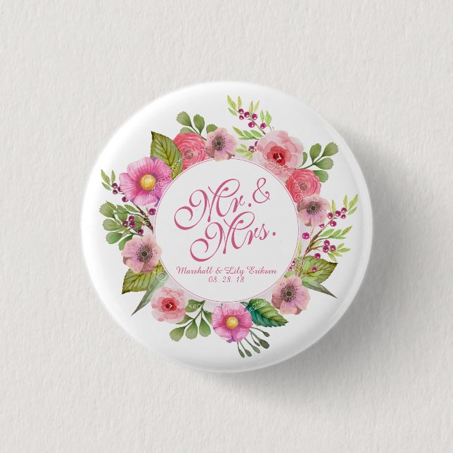 Mr. & Mrs. Elegant Floral Wedding | Pin Button (Front)