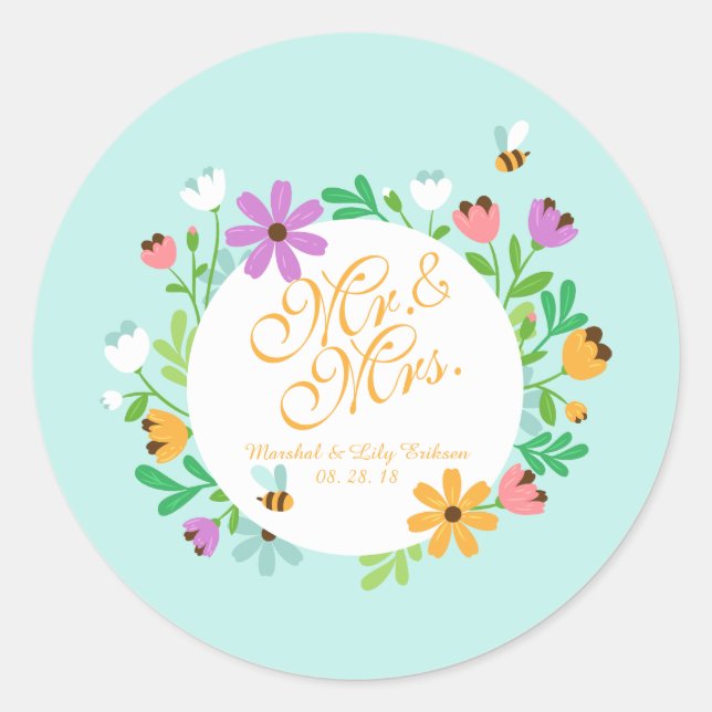 Mr. & Mrs. Elegant Floral Wedding | Sticker Seal (Front)