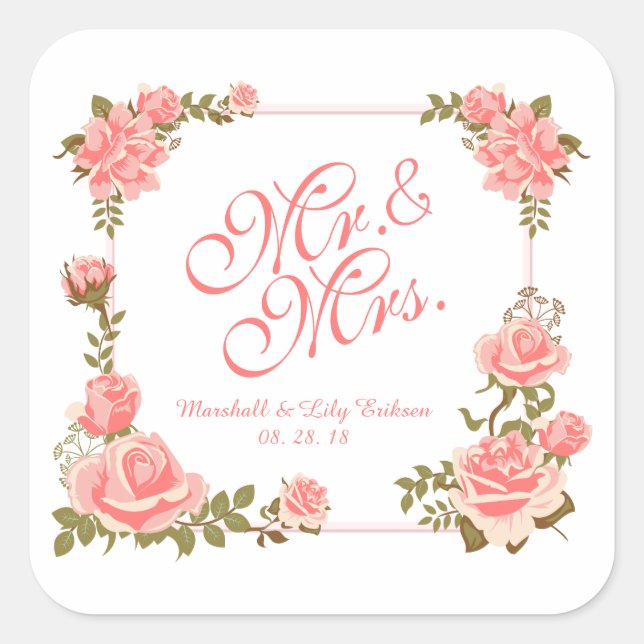 Mr. & Mrs. Elegant Floral Wedding Sticker Seal (Front)