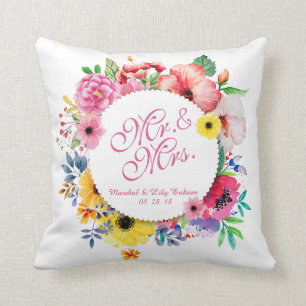 Mr. & Mrs. Elegant Floral Wedding Throw Pillow