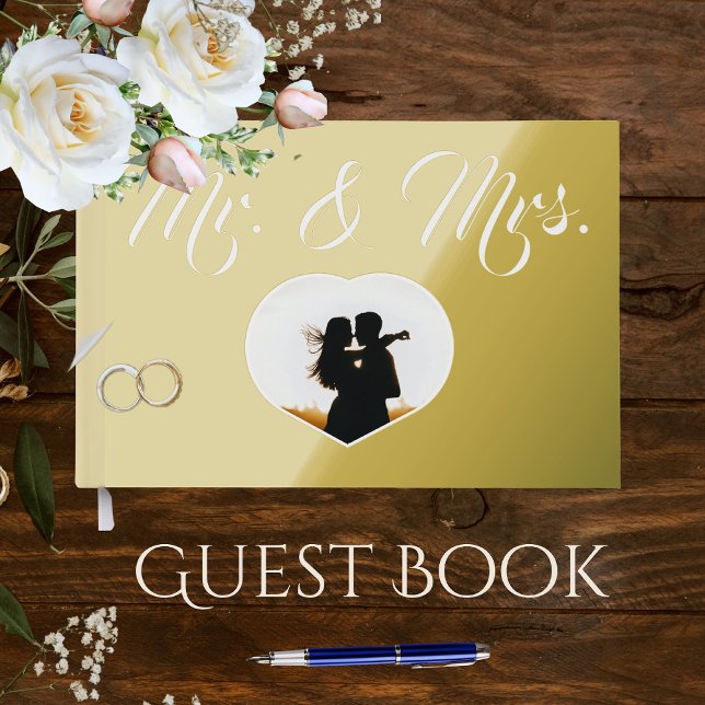 Mr Mrs Elegant Metallic Gold Photo Heart Wedding  Guest Book (Creator Uploaded)