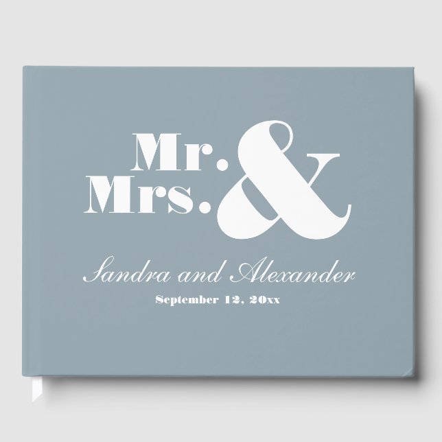 Mr Mrs Elegant Modern Minimal Dusty Blue wedding Guest Book (Front)