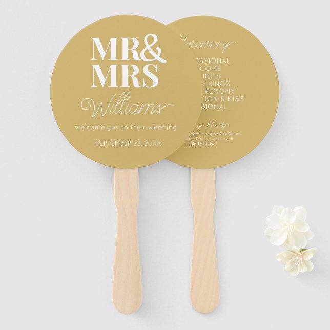Mr & Mrs Elegant Modern Minimalist Wedding Program Hand Fan (Front and Back)