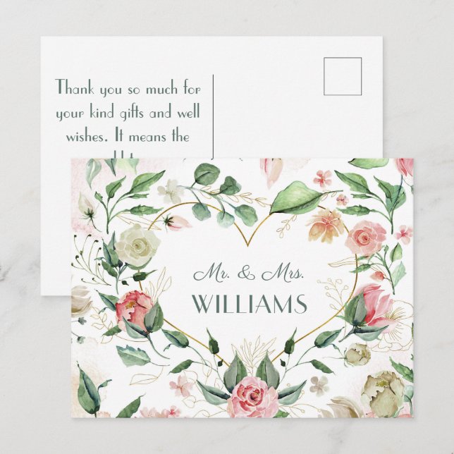 Mr. & Mrs. Elegant Pink Floral Gold Heart Wedding Postcard (Front/Back)