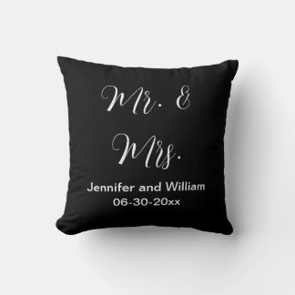 Mr & Mrs Elegant Script Black White Names Wedding Cushion