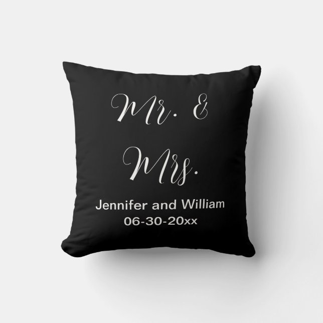 Mr & Mrs Elegant Script Black White Names Wedding Cushion (Front)