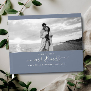 Mr & Mrs Elegant Script Dusty Blue Photo Wedding Guest Book